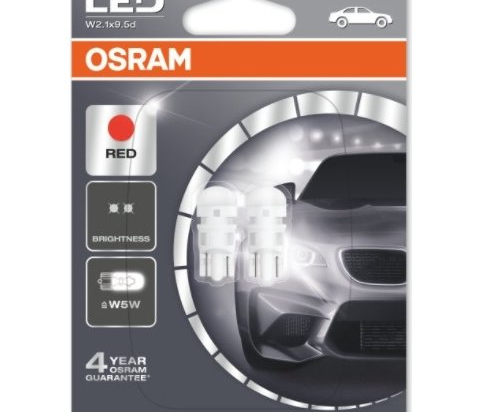 Lemputė LED T10 12V/1W OSRAM komplektas 2VNT [Raudona]