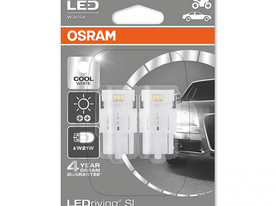 Lemputės LED W21W T20 OSRAM 6000K [Balta] komplektas 2VNT